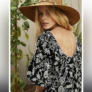Anthropologie Rory Embroidered Floral Black/white Top XS